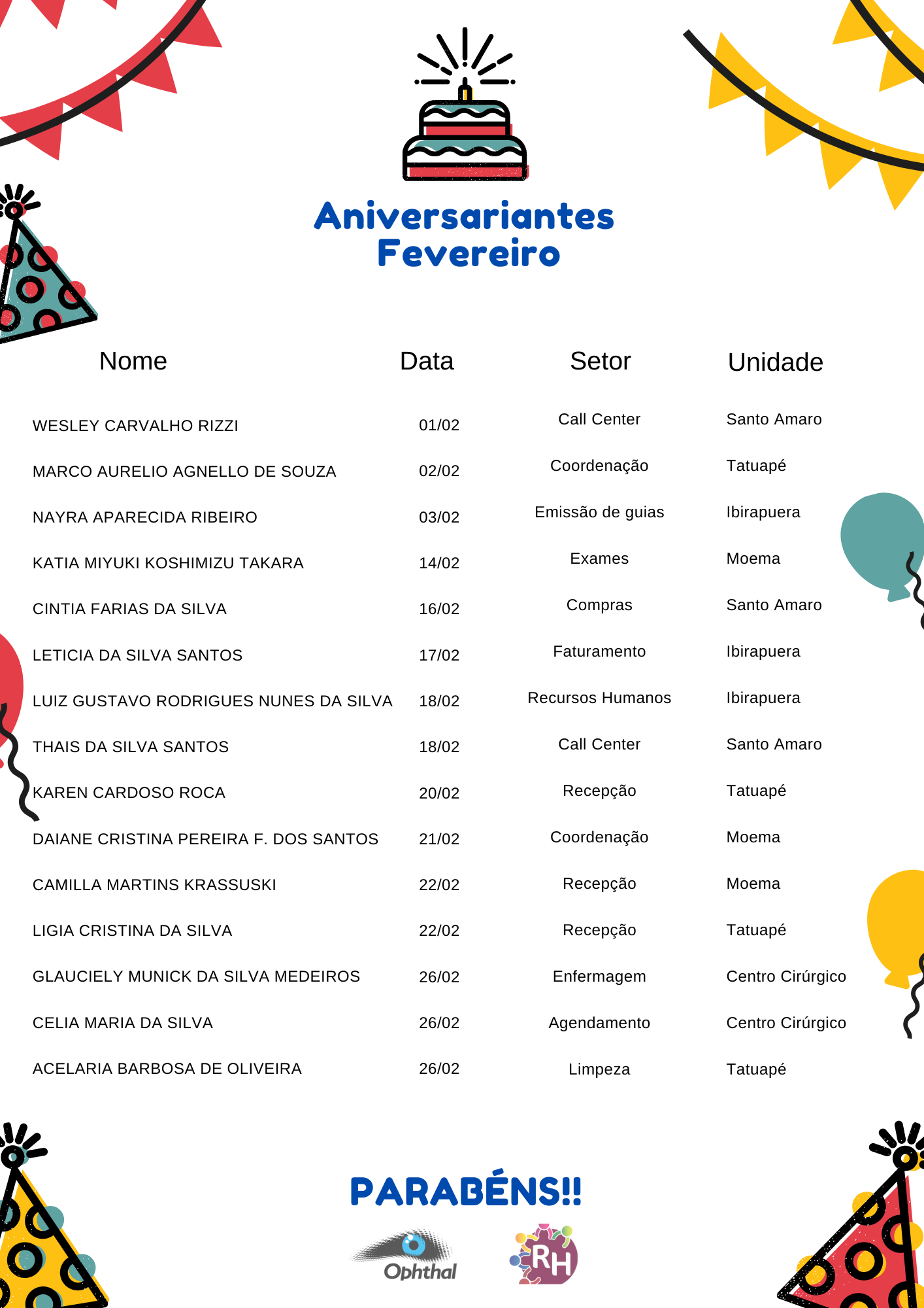 Aniversariantes de Fevereiro